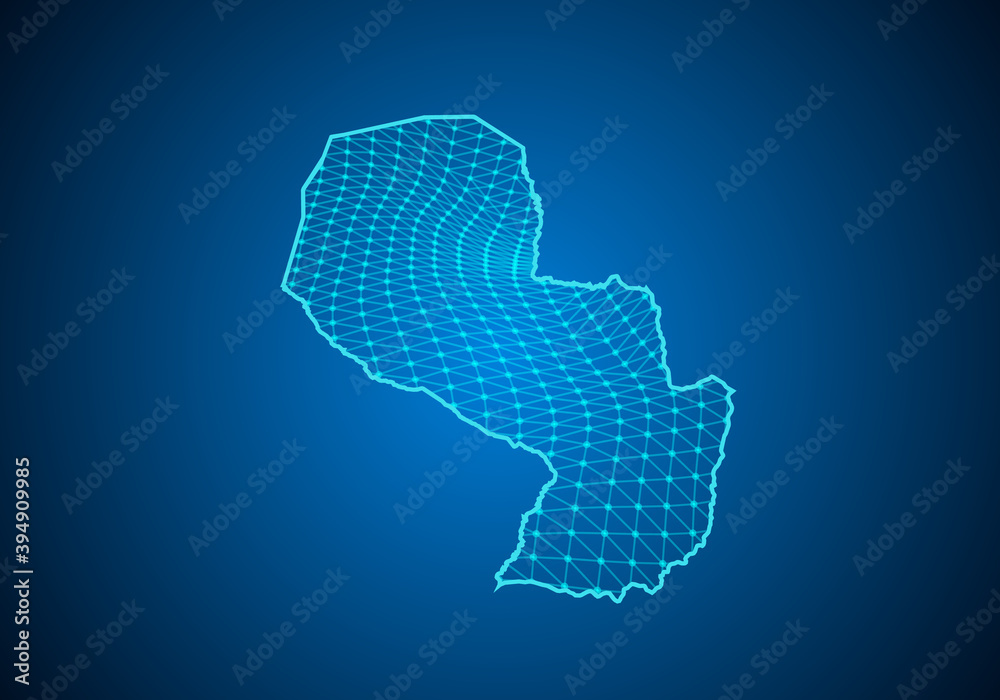 Abstract digital map of paraguay with particles dots and line. polygonal network business. Wireframe landscape background. Big Data. 3d futuristic. Global network connection.