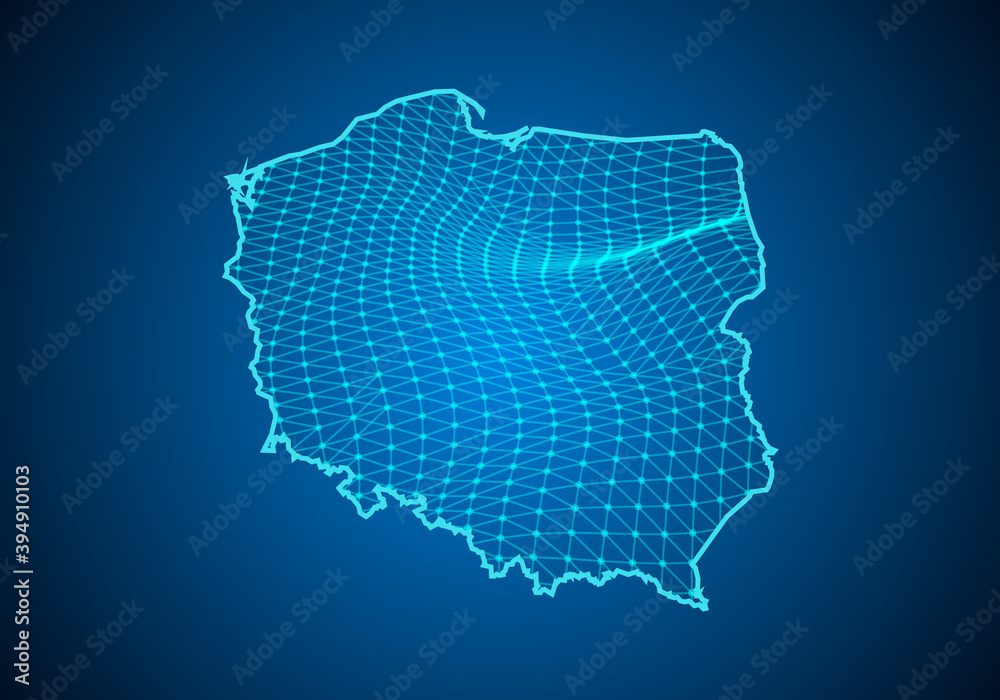 Abstract digital map of poland with particles dots and line. polygonal network business. Wireframe landscape background. Big Data. 3d futuristic. Global network connection.