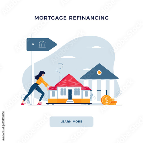 Mortgage refinancing banner. Woman drags a home to the bank for house pawning with getting cash out. Property re-mortgage, refunding concept for web, emailing design. Modern flat vector illustration