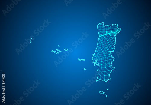 Abstract digital map of portugal with particles dots and line. polygonal network business. Wireframe landscape background. Big Data. 3d futuristic. Global network connection.