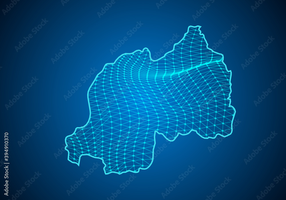 Abstract digital map of rwanda with particles dots and line. polygonal network business. Wireframe landscape background. Big Data. 3d futuristic. Global network connection.
