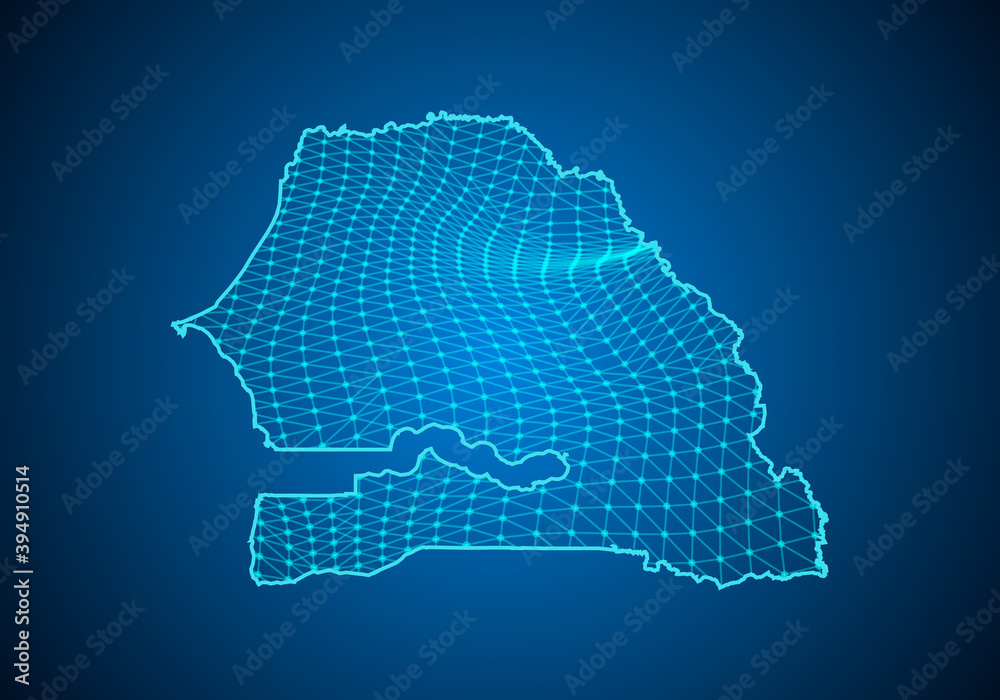 Abstract digital map of senegal with particles dots and line. polygonal network business. Wireframe landscape background. Big Data. 3d futuristic. Global network connection.