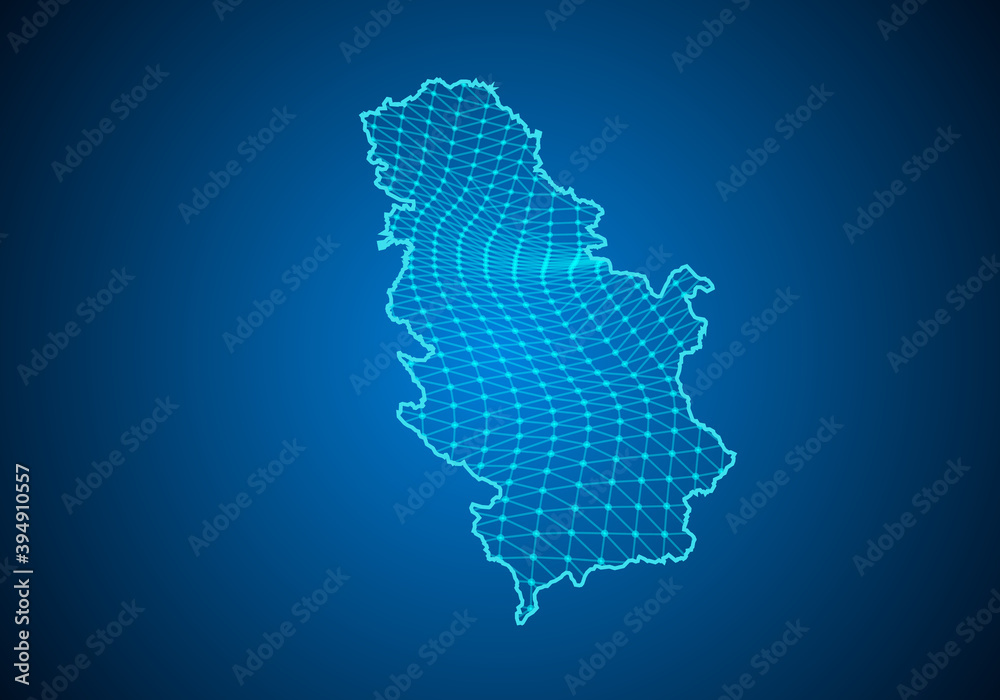 Abstract digital map of Serbia with particles dots and line. polygonal network business. Wireframe landscape background. Big Data. 3d futuristic. Global network connection.