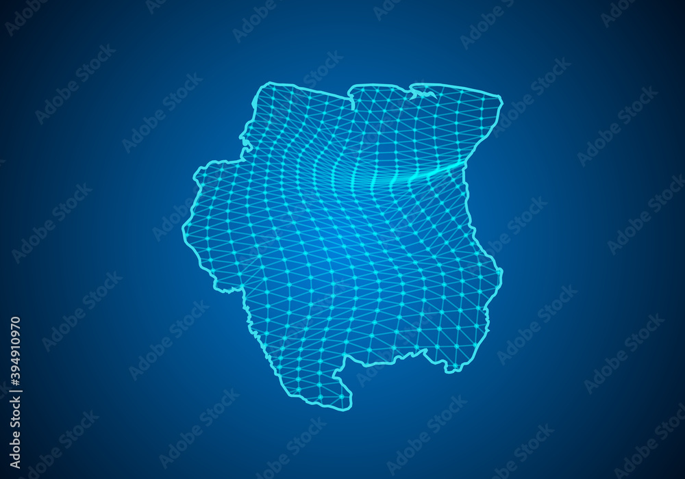 Abstract digital map of suriname with particles dots and line. polygonal network business. Wireframe landscape background. Big Data. 3d futuristic. Global network connection.
