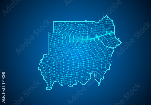 Abstract digital map of sudan with particles dots and line. polygonal network business. Wireframe landscape background. Big Data. 3d futuristic. Global network connection.