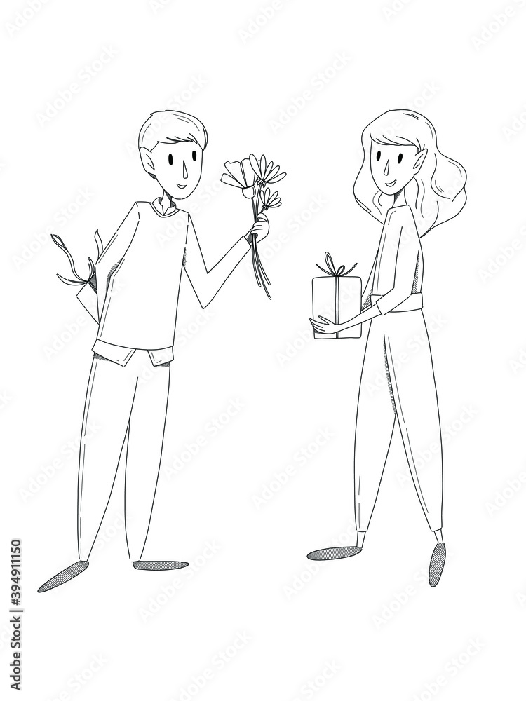 Line art vector illustration. Man and woman give presents to each other. Happy valentines day. Boy and girl in love Line art vector illustration. Man and woman give presents to each other. Happy valentines day. Boy and girl in love