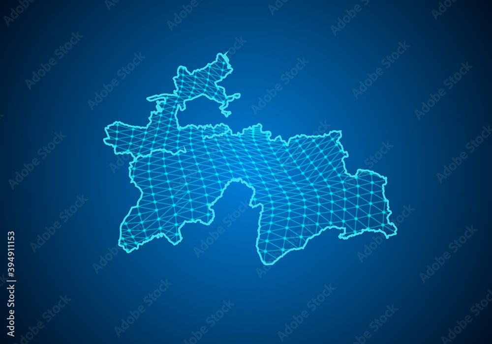 Abstract digital map of tajikistan with particles dots and line. polygonal network business. Wireframe landscape background. Big Data. 3d futuristic. Global network connection.
