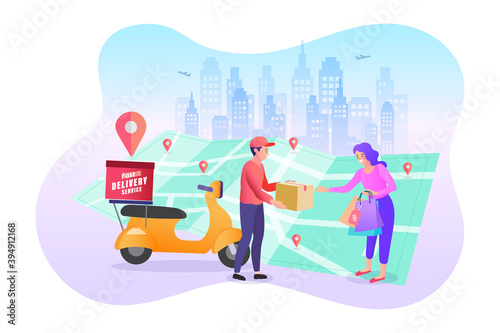 E-commerce concept, Fast delivery by scooter on map, Online food order infographic. Webpage, app design. Isolated vector.