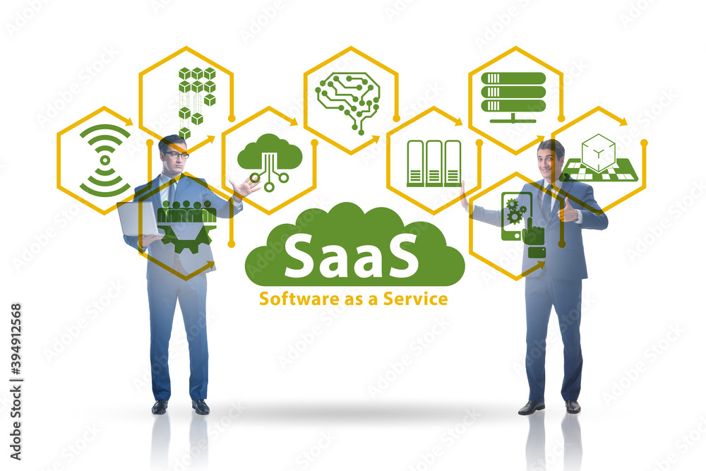 Naklejka premium Software as a service - SaaS concept with businessman