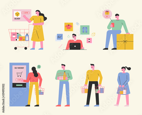 Digital technology and shopping. People pay with kiosks and place orders over the Internet. flat design style minimal vector illustration.