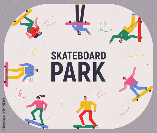 Skateboard park. People are riding skateboards to fit the circular frame. flat design style minimal vector illustration.