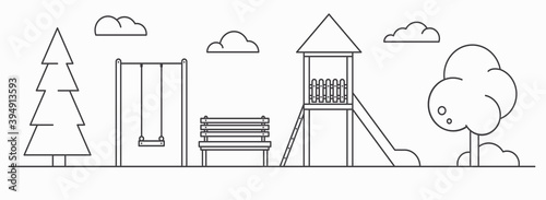 Playground for children. Line art illustration. Landscape of park with swing, bench and slide. Outline vector illustration isolated on white background.