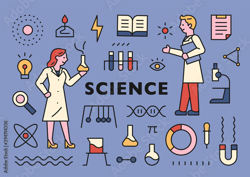 Male and female scientist characters and scientific equipment icons collection. flat design style minimal vector illustration.