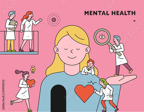 Little doctors are doing research around a huge person. flat design style minimal vector illustration.