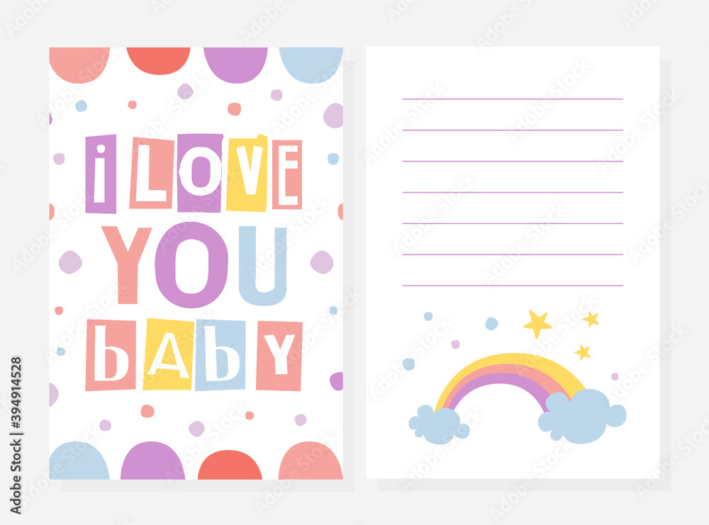 I Love You Baby Card Template, Cute Invitation, Greeting Card, Notebook, Diary Design with Rainbow Cartoon Vector Illustration I Love You Baby Card Template, Cute Invitation, Greeting Card, Notebook, Diary Design with Rainbow Cartoon Vector Illustration