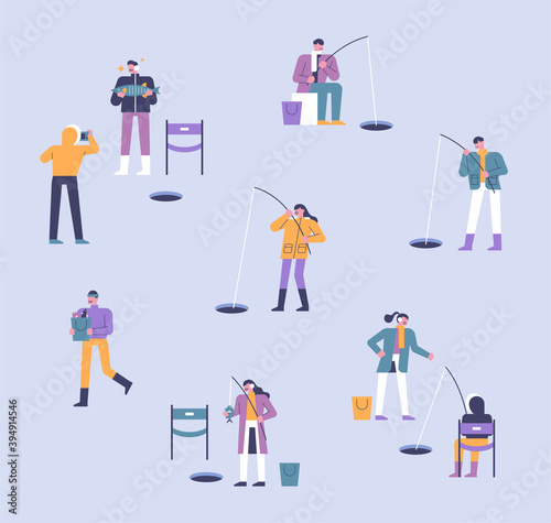 People who enjoy fishing on the winter ice. flat design style minimal vector illustration.