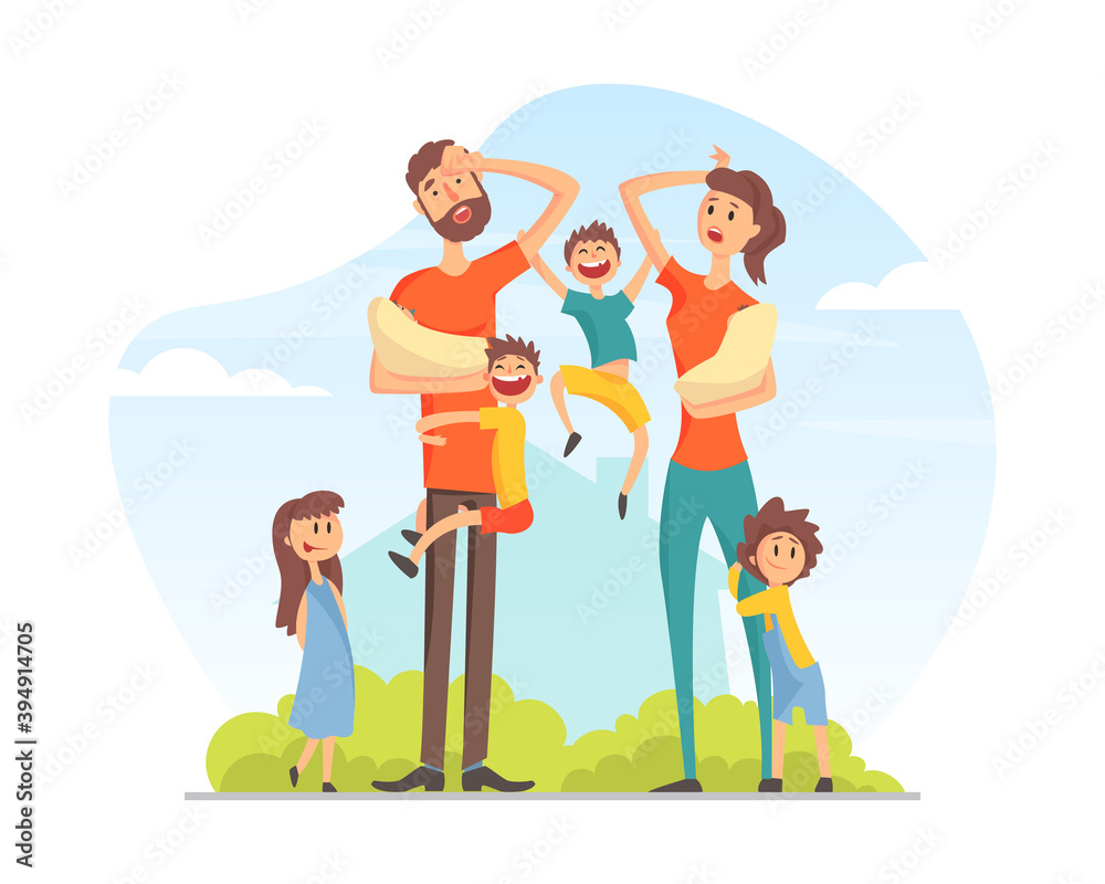 Large Family with Many Children, Tired Parents with Naughty Kids Cartoon Vector Illustration