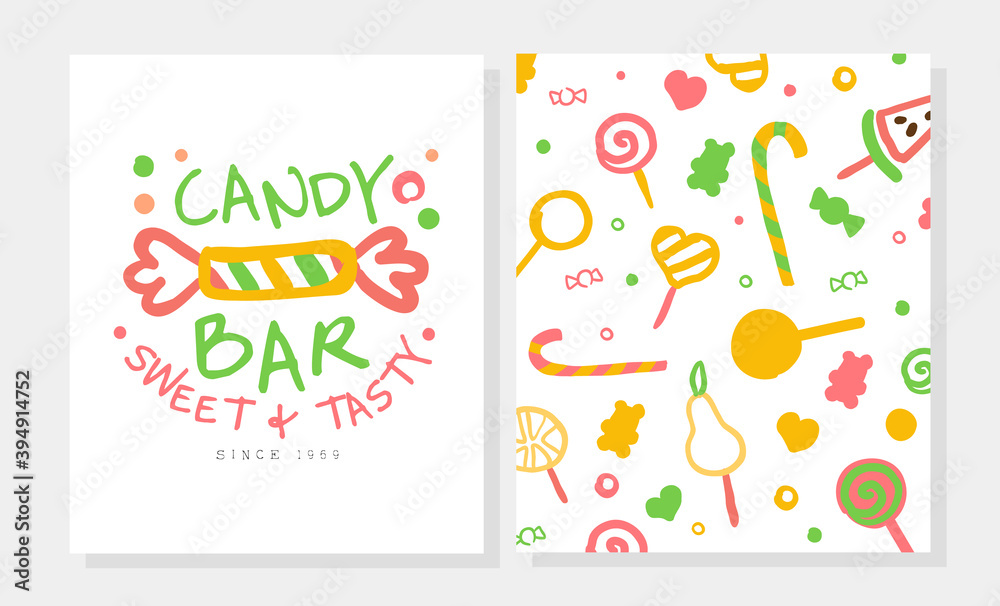 Candy Bar Card Template with Tasty Sweets Seamless Pattern, Candy Shop, Cafe, Confectionery Design Cartoon Vector Illustration Candy Bar Card Template with Tasty Sweets Seamless Pattern, Candy Shop, Cafe, Confectionery Design Cartoon Vector Illustration