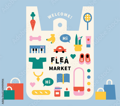 Flea market poster. Used items and local food in poly bags. flat design style minimal vector illustration.