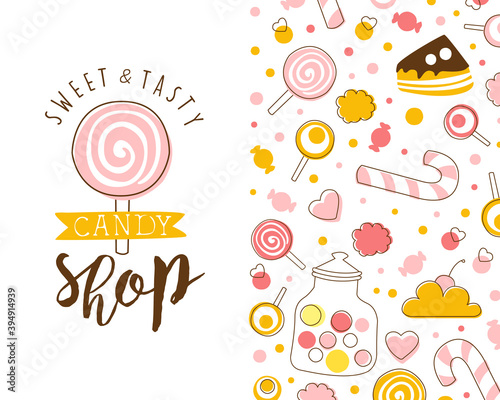 Candy Shop Card Template with Tasty Sweets Seamless Pattern  Bar  Cafe  Confectionery Design Cartoon Vector Illustration