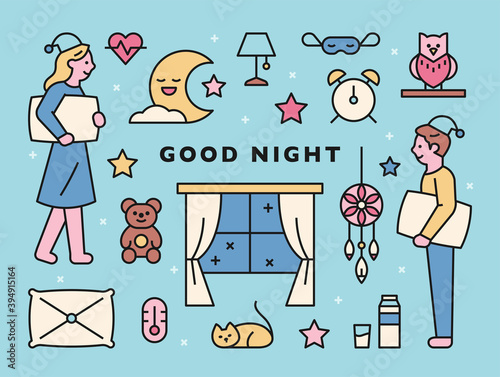 Good night. A collection of icons for characters wearing pajamas and objects related to sleep. flat design style minimal vector illustration.
