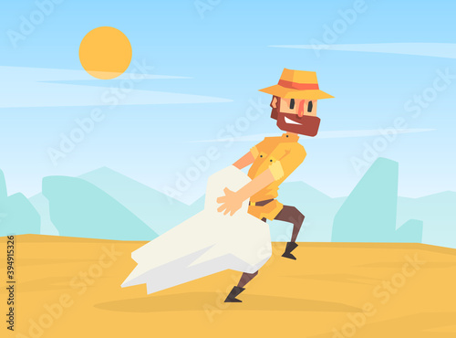 Man Archeologist Pulling Huge Mammoth Bone, Scientist Character During Archeological Excavations Cartoon Vector Illustration