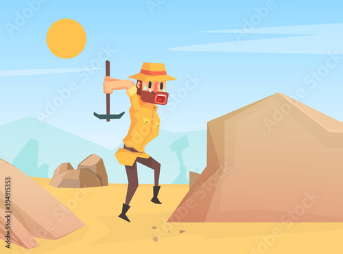 Man Archaeologist Scientist Character Working on Excavations with Pickaxe, Scientist Character During Archaeological Researches Cartoon Vector Illustration
