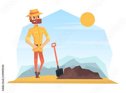 Man Archeologist Digging Soil, Scientist Character Working on Archeological Excavations Cartoon Vector Illustration