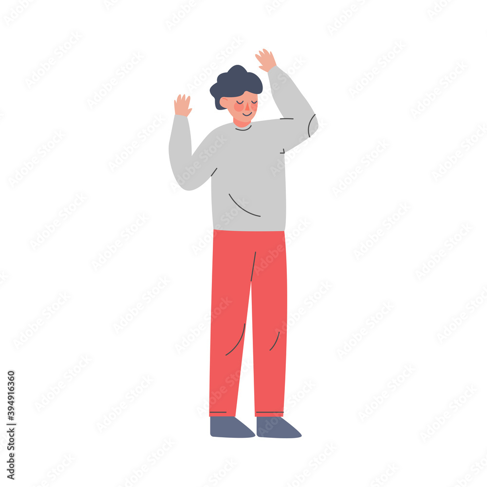 Boy Standing Hands Up, Teenager with Raised Hands Having Fun, Celebrating Success, Freedom of Choice Concept Cartoon Style Vector Illustration