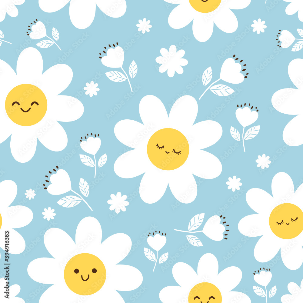 Seamless pattern of daisy flower with cute face on blue background vector illustration. Pretty cartoon character.