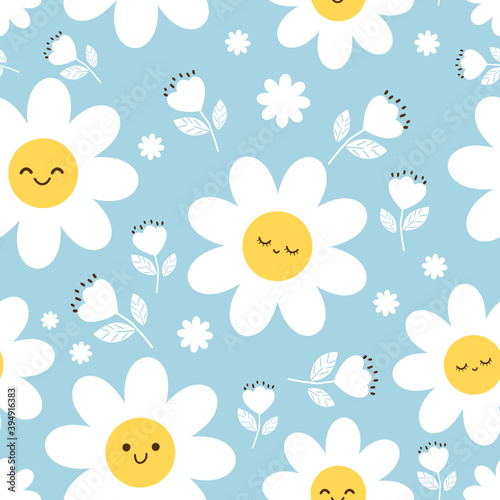 Seamless pattern of daisy flower with cute face on blue background vector illustration. Pretty cartoon character.