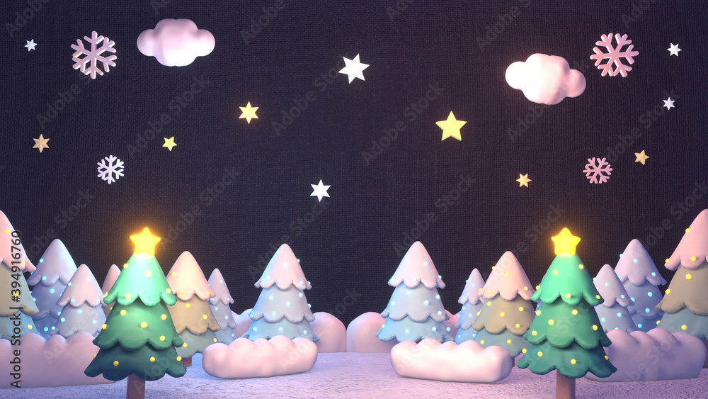 Christmas winter forest night. 3d rendering picture.