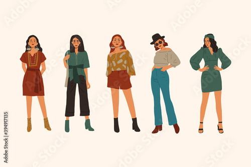 Set of 5 hipster Asia girls in fashionable outfits. Modern women posing concept. Flat vector illustration. Female cliparts. Isolated background