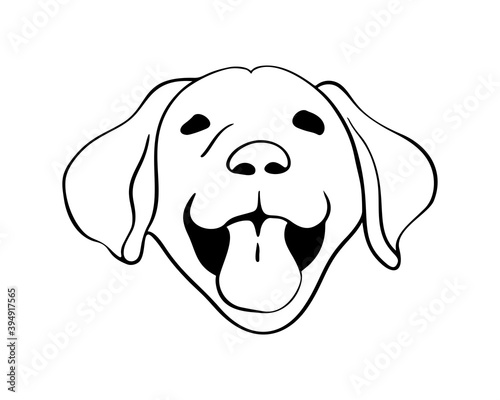 Happy Labrador poppy face in line drawing style. Vector  happy dog in black and white 