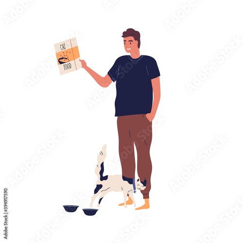 Young guy going to fill bowl for feeding hungry cat. Man holding package with pet food. Kitten excited about eating and rubs against the owner's leg. Flat color vector illustration isolated on white