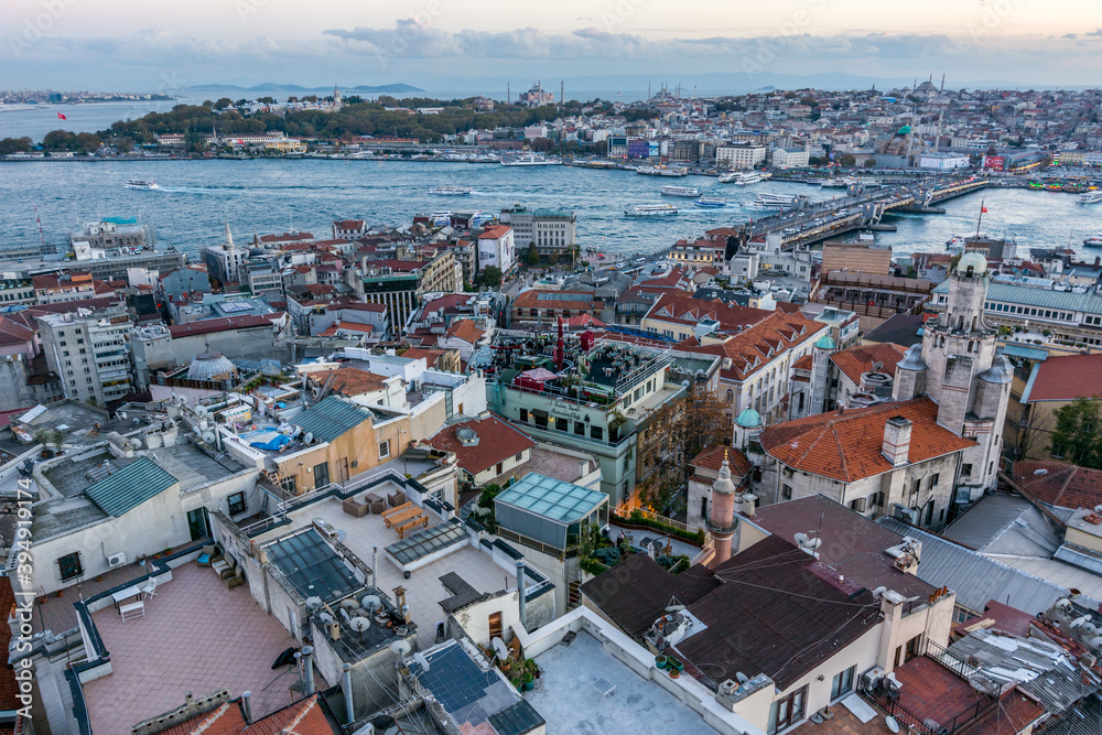 Aerial view of golden horn in the strait of Bosporus under sunset from the gala tower in Istanbul, Turkey, view from the Galata tower.
