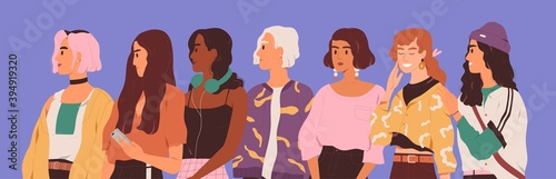 Young diverse woman standing together in row. Female diversity concept. Group of different modern trendy. Flat vector illustration isolated on violet background