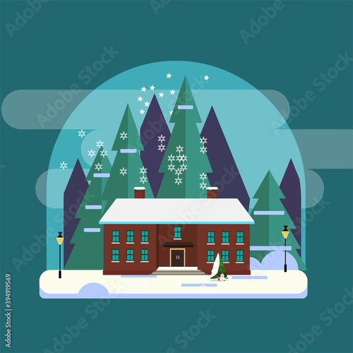 Christmas House Icon with tree,mountain,snowVector Flat Background photo