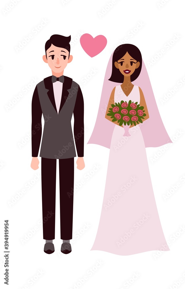 Bride and groom. Happy romantic multiethnic couple standing on wedding ceremony young wife and husband together, invitation template celebrating cartoon vector isolated illustration Bride and groom. Happy romantic multiethnic couple standing on wedding ceremony young wife and husband together, invitation template celebrating cartoon vector isolated illustration