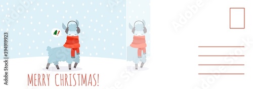 Merry Christmas card. Happy new year postcard with llama in scarf, winter landscape, december holiday letter with cute alpaca, xmas festive animal mail design vector illustration