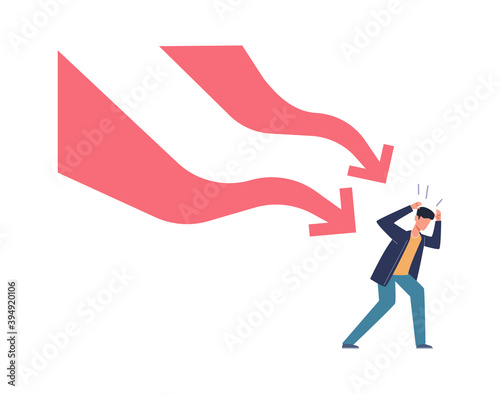 Falling down business graph. Panic businessman afraid arrow, bankruptcy and unpaid loan debt, losing money, financial problem economic crisis concept vector cartoon isolated character