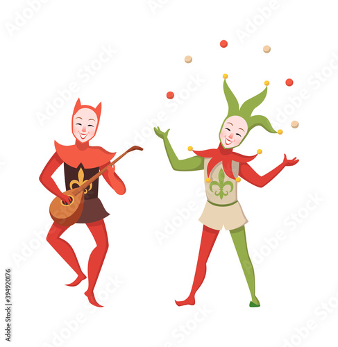Medieval harlequins. Traditional comic artists juggles and plays musical instrument, humor performers, funny fools in costume vector fairy tales isolated characters