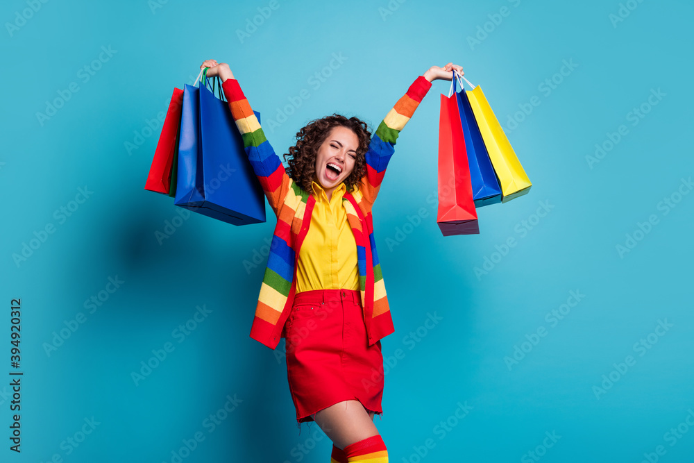 Φωτογραφία Photo of young happy positive smile girl wear skirt carry shopping bags buy purc
