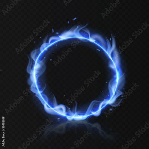 Blue fire ring. Realistic burning circle. Round fiery shape with hole on black background. Magical energy and ignite gas in burner. Firing hoop for circus trick vector flame illustration