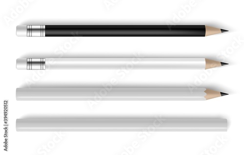 Pencil set. Realistic black and white pencils mockup, corporate office above view template, business or school stationery collection, writing or drawing tools 3d vector isolated set