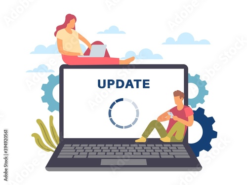 System update. Maintenance process. Man and woman with devices. Loading circle on laptop screen. Renewal software and online services. New program version download, vector web template