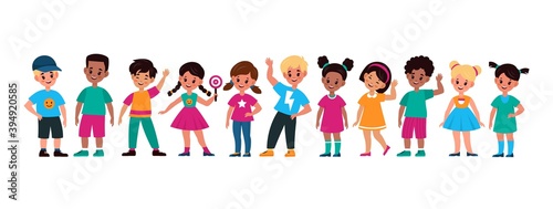 Multiethnic kids. Smiling preschool cute children boys and girls, standing in line teenagers friends group raising hand collection vector cartoon characters of various races