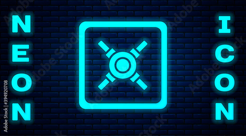 Glowing neon Safe icon isolated on brick wall background. The door safe a bank vault with a combination lock. Reliable Data Protection. Vector Illustration.