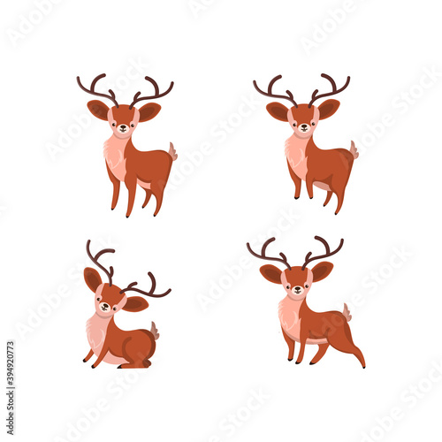 Set Christmas Deer Icon Vector Flat Background