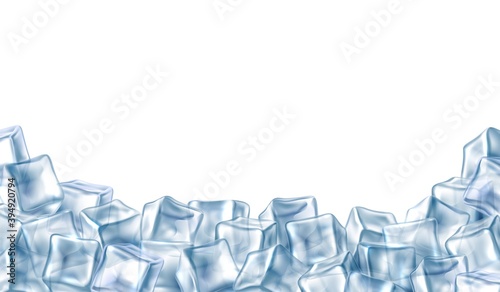 Ice cubes frame. 3d realistic transparent iced blocks on lower border composition, frozen clear crystal water background, cold pieces for advertising template. Vector isolated concept